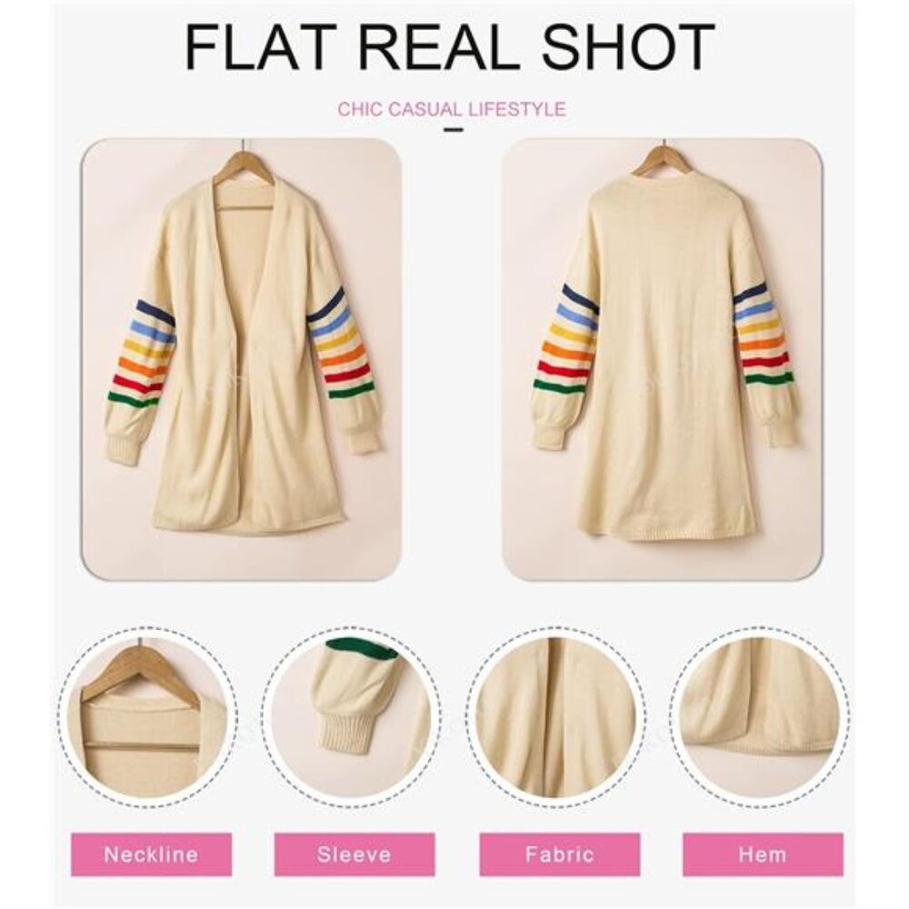 NEW Women's Long Open Front Cardigans Striped Color Block Loose Knit Sweaters - Picture 4 of 4